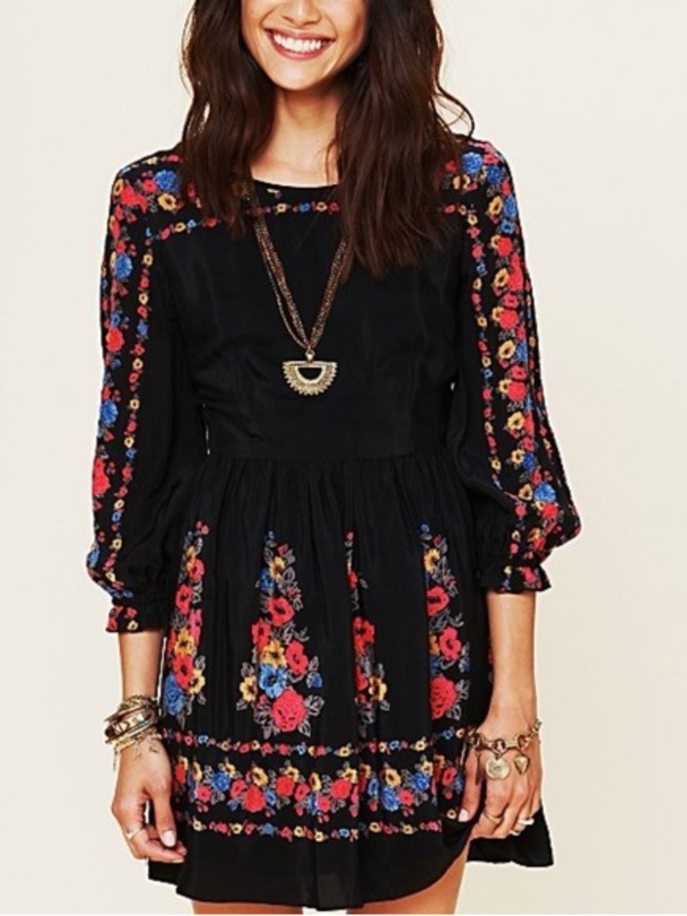 Free People Black Oxford Floral Print Boho Mini Dress Size 12 - runs like an XS
